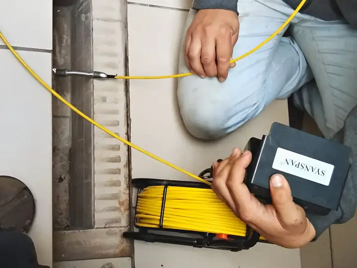 Sonda com câmera descendo por um ralo